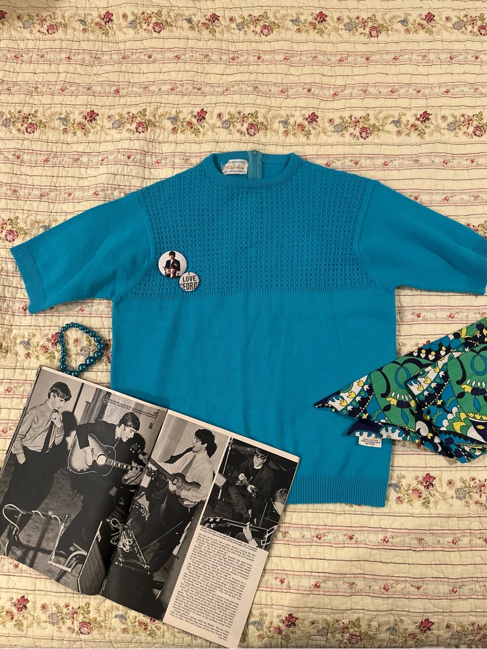 True Vintage 60s Turquoise Virgin Wool London Mod Knit Sweater Top Med Small S/M